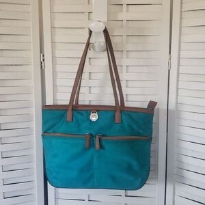 Michael Kord Teal Satin  and Brown Leather Women's Tote Bag